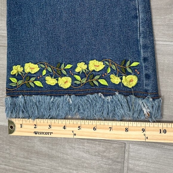YAGI U.S.A. Vintage Mid-Rise Floral Embroidered Fringe Hem Flare Jeans Y2K Sz 7 - Picture 16 of 16
